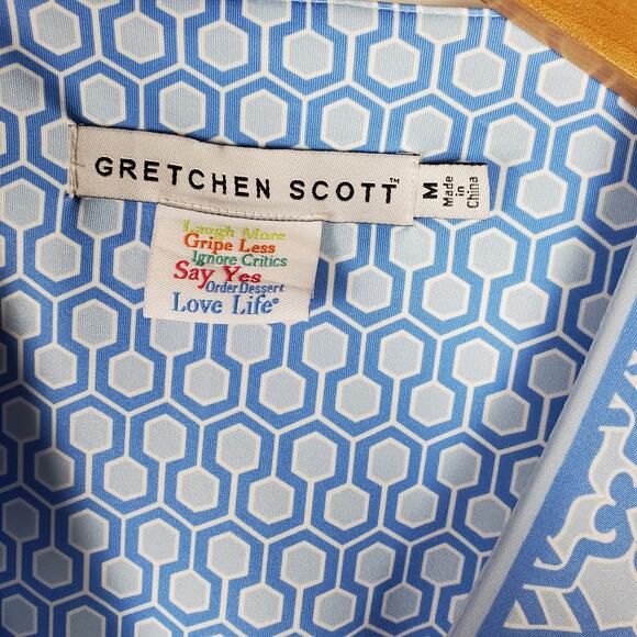 Gretchen Scott Wrap Me Up Dress 3/4 Sleeve Stretch Size M Blue Jersey Geo Print - Picture 12 of 14